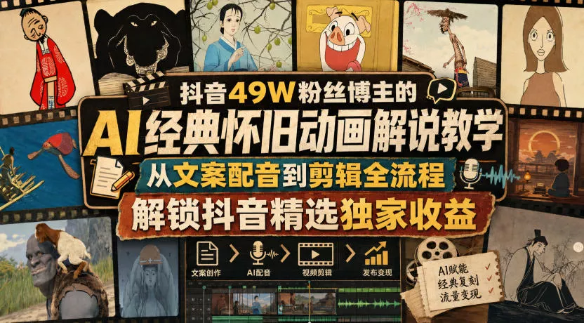 抖音49W粉丝博主的AI经典怀旧动画解说教学，从文案配音到剪辑全流程，解锁抖音精选独家收益 - 来及网络