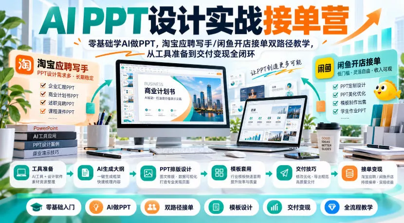 AI PPT设计实战接单营｜零基础学AI做PPT，淘宝应聘写手/闲鱼开店接单双路径教学，从工具准备到交付变现全闭环 - 来及网络