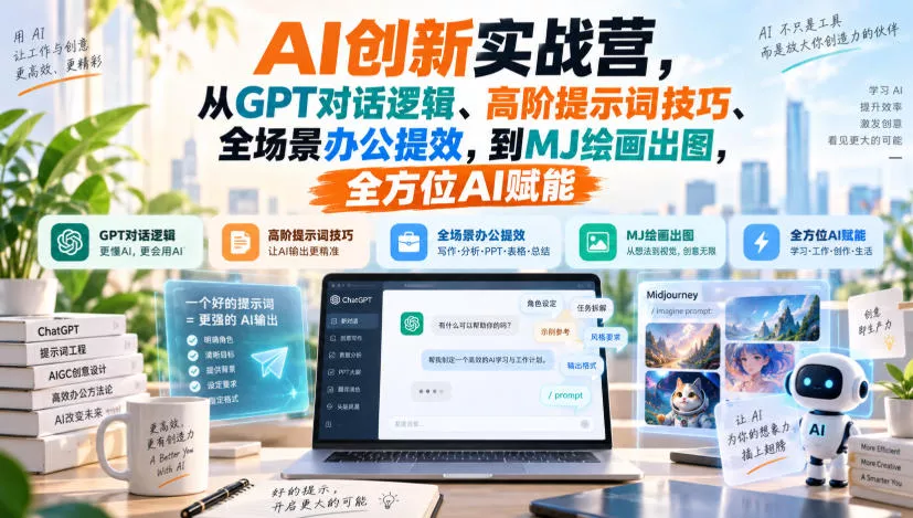 AI创新实战营，从GPT对话逻辑、高阶提示词技巧、全场景办公提效，到MJ绘画出图，全方位AI赋能 - 来及网络