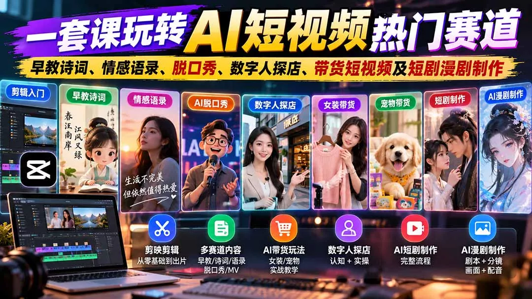 一套课玩转AI短视频热门赛道：早教诗词、情感语录、脱口秀、数字人探店、带货短视频及短剧漫剧制作 复制标题