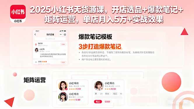 （16024期）2025小红书无货源课，开店选品+爆款笔记+矩阵运营，单店月入5万+实战效果 - 来及网络