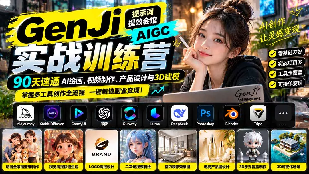 GenJi AIGC实战训练营：90天速通AI绘画、视频制作、产品设计与3D建模，掌握多工具创作全流程 - 来及网络