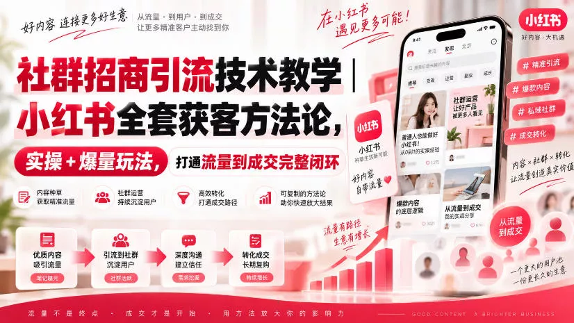 社群招商引流技术教学｜小红书全套获客方法论，实操+爆量玩法，打通流量到成交完整闭环 - 来及网络
