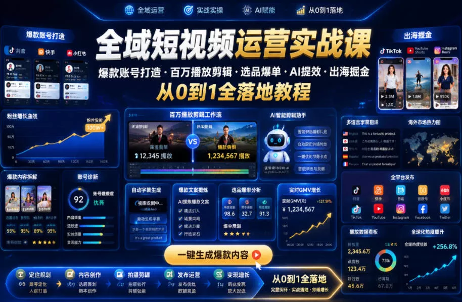 全域短视频运营实战课，爆款账号打造・百万播放剪辑・选品爆单・AI提效・出海掘金，从0到1全落地教程 - 来及网络