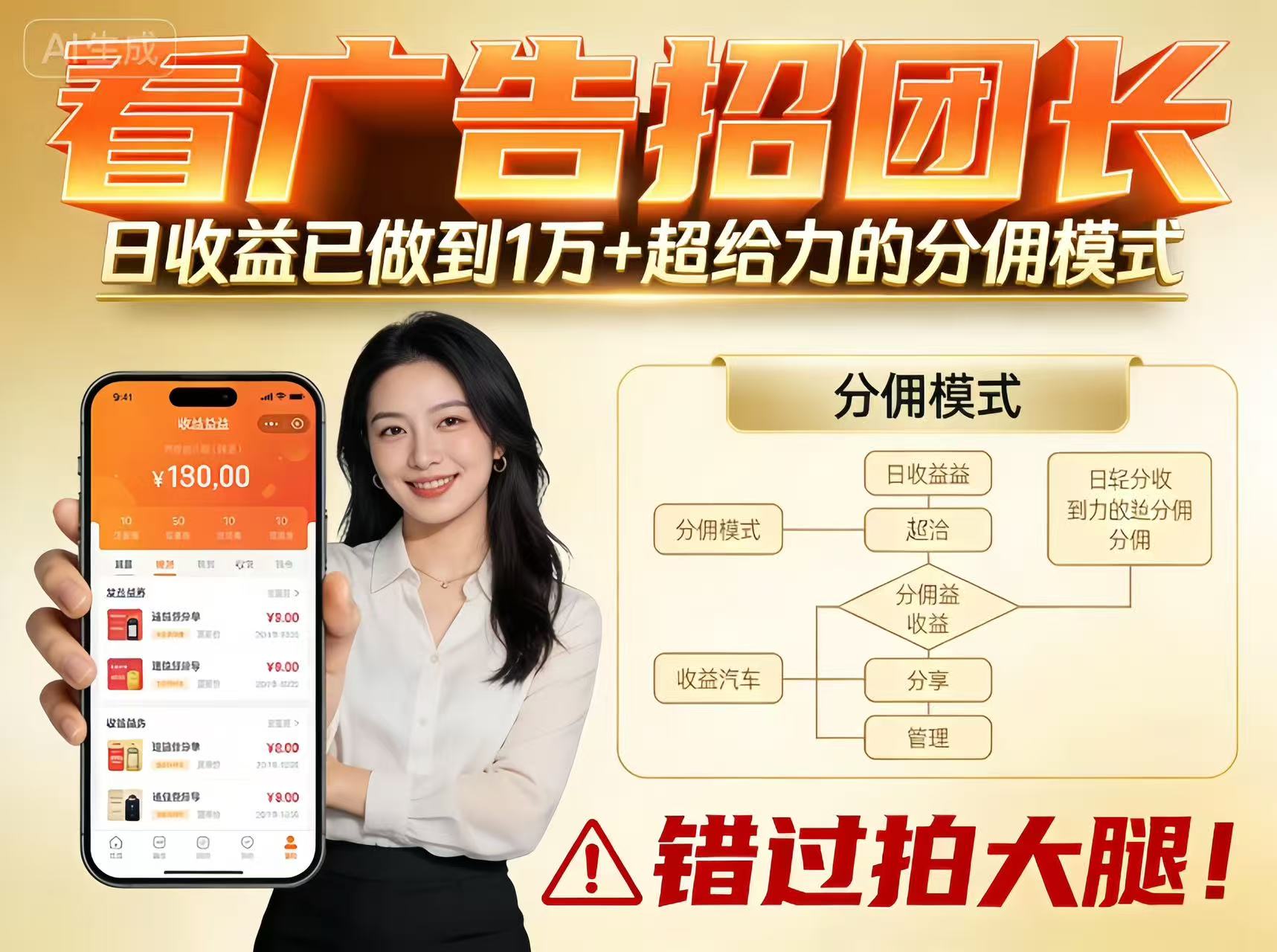 看广告招团长，团队收益已做到日入1万，分佣模式超给力，错过拍大腿 - 来及网络