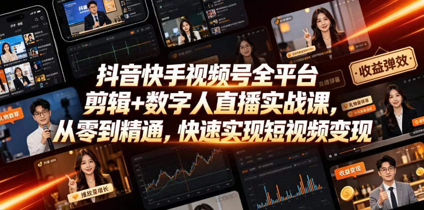 抖音快手视频号全平台剪辑+数字人直播实战课，从零到精通，快速实现短视频变现(更新2026年10月) - 来及网络