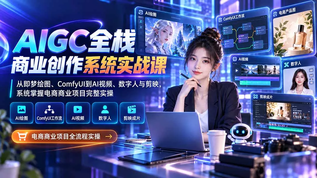 AIGC全栈商业创作系统实战课：从即梦绘图、ComfyUI到AI视频、数字人与剪映，系统掌握电商商业项目完整实操 - 来及网络