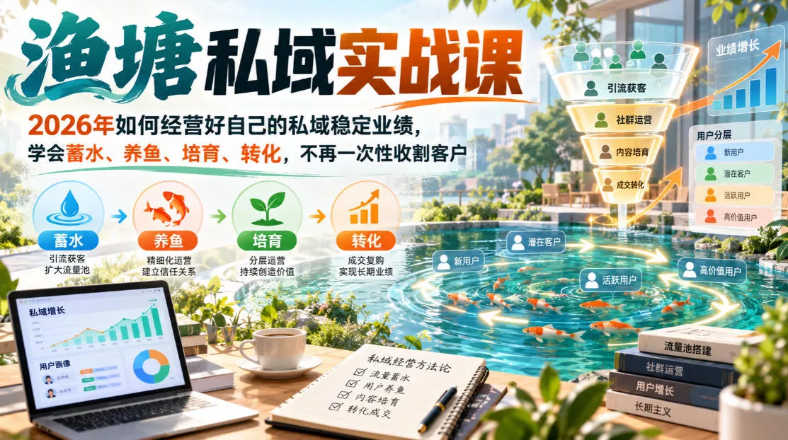 渔塘私域实战课，2026年如何经营好自己的私域稳定业绩，学会蓄水、养鱼、培育、转化，不再一次性收割客户 - 来及网络