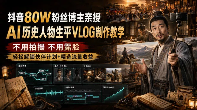 抖音80W粉丝博主的AI历史人物生平VLOG教学，不用拍摄不用露脸，AI帮你搞定，轻松解锁伙伴计划+精选收益 - 来及网络