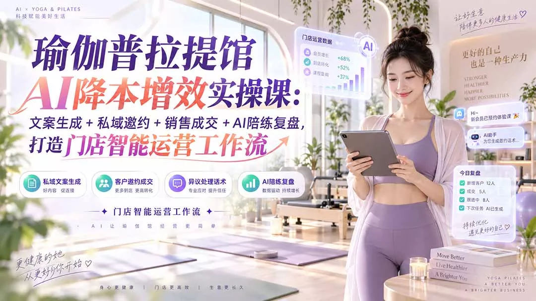 瑜伽普拉提馆AI降本增效实操课：文案生成+私域邀约+销售成交+AI陪练复盘，打造门店智能运营工作流 - 来及网络