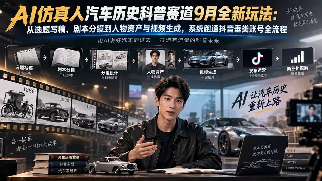 AI仿真人汽车历史科普赛道9月全新玩法：从选题写稿、剧本分镜到人物资产与视频生成，系统跑通抖音垂类账号全流程 - 来及网络