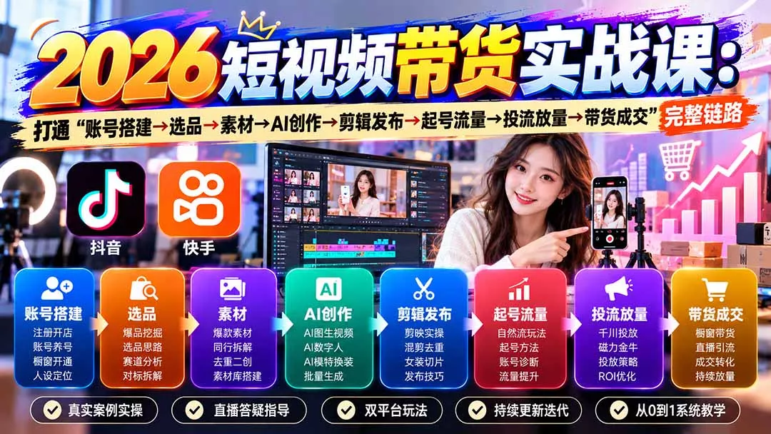 2026短视频带货实战课9月：打通“账号搭建→选品→素材→AI创作→剪辑发布→起号流量→投流放量→带货成交”完整链路 - 来及网络
