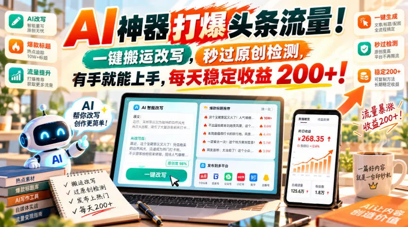 AI神器打爆头条流量，一键搬运改写，秒过原创检测，有手就能上手，每天稳定收益200+！【揭秘】 - 来及网络