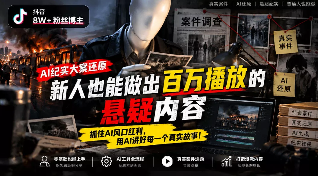 抖音8W粉丝博主的AI纪实大案还原教学，新人也能做出百W播放的悬疑内容，抓住AI风口红利，用AI讲好每一个真实故事(更新1014) - 来及网络