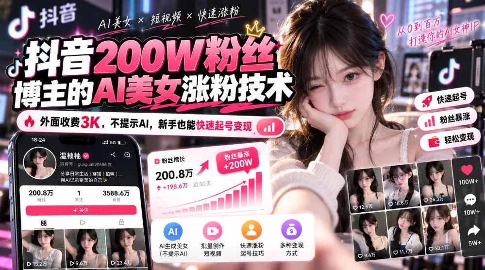 抖音200W粉丝博主的AI美女涨粉技术，外面收费3K，不提示AI，新手也能快速起号变现 - 来及网络