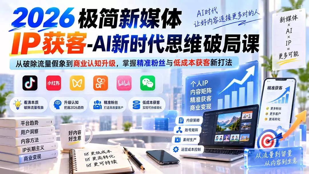 2026极简新媒体IP获客-AI新时代思维破局课：从破除流量假象到商业认知升级，掌握精准粉丝与低成本获客新打法 - 来及网络
