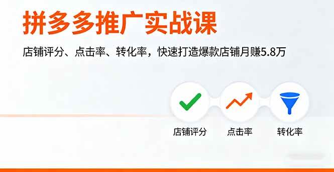 （16115期）拼多多推广实战课，店铺评分、点击率、转化率，快速打造爆款店铺月赚5.8万 - 来及网络