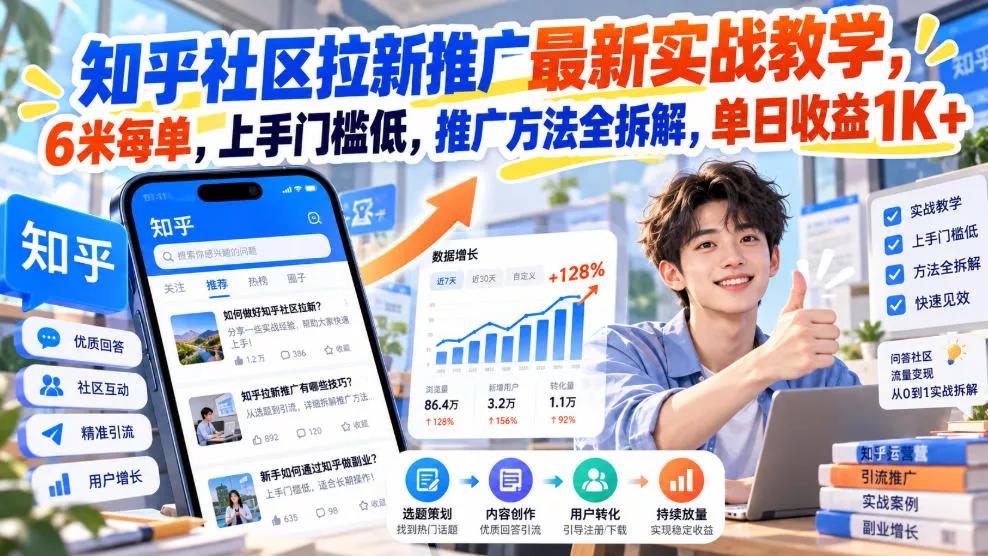 知乎社区拉新推广最新实战教学，6米每单，上手门槛低，推广方法全拆解，单日收益1K+！(更新1021) - 来及网络