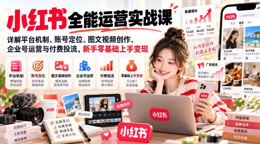 小红书全能运营实战课，详解平台机制、账号定位、图文视频创作、企业号运营与付费投流，新手零基础上手变现 - 来及网络