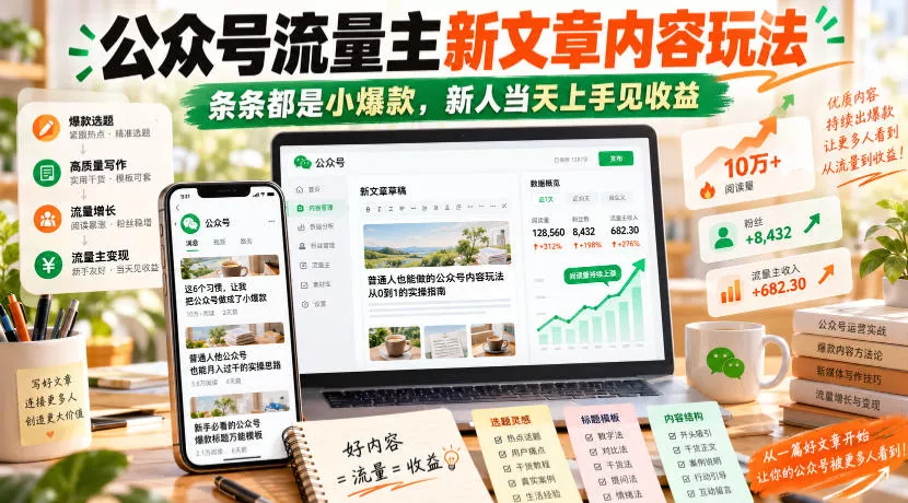 公众号流量主新文章内容玩法，条条都是小爆款，新人当天上手见收益 - 来及网络