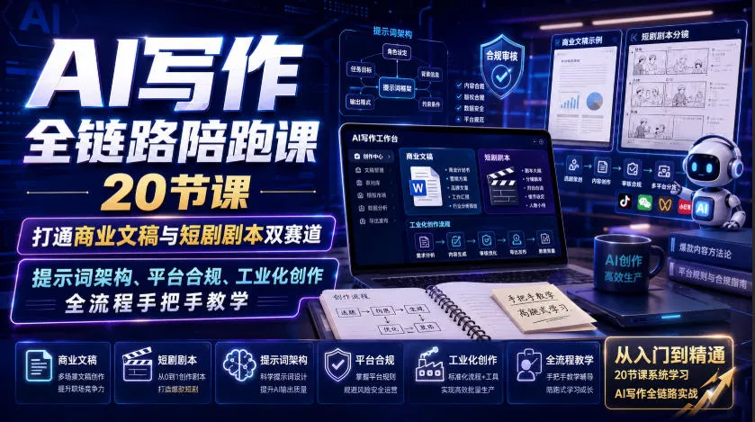 AI写作全链路陪跑课｜20节课打通商业文稿与短剧剧本双赛道，提示词架构、平台合规、工业化创作全流程手把手教学 - 来及网络