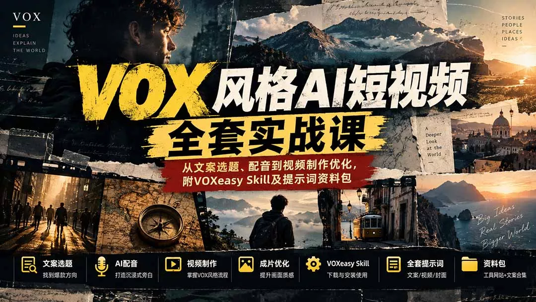 【无水印】VOX风格AI短视频全套实战课：从文案选题、配音到视频制作优化，附VOXeasy Skill及提示词资料包 - 来及网络