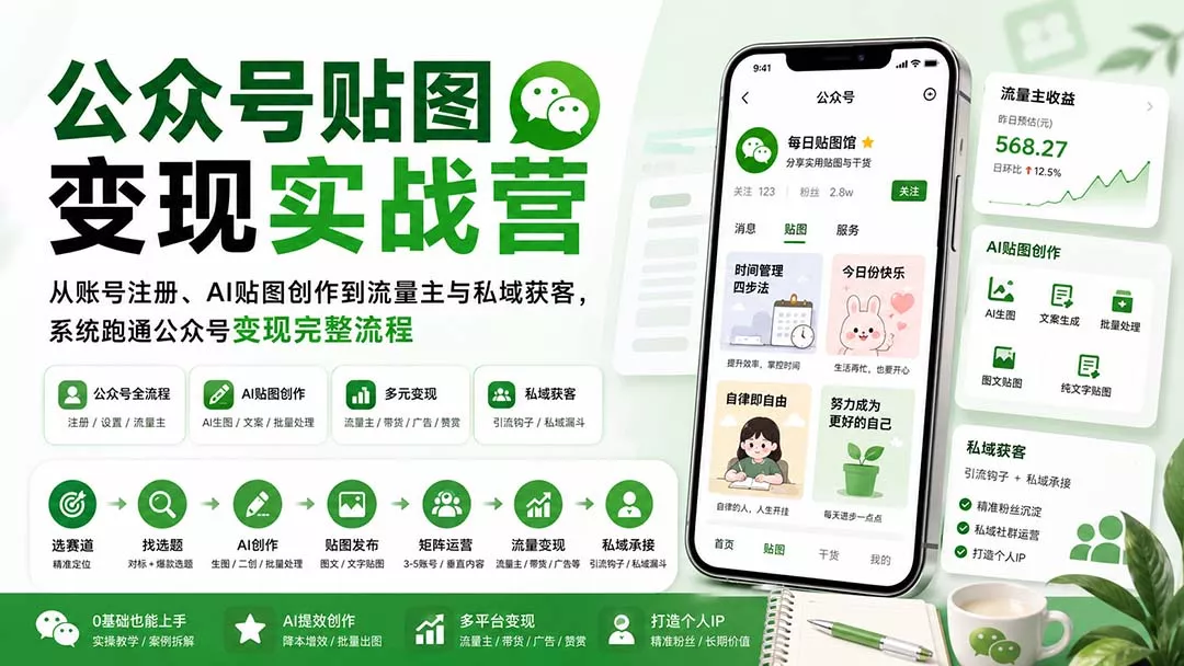 公众号贴图变现实战营：从账号注册、AI贴图创作到流量主与私域获客，系统跑通公众号变现完整流程 - 来及网络