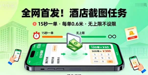 全网首发！酒店截图任务，15秒一单，每单0.6米，任务无上限不设限，矩阵操作单日3张到手【揭秘】 - 来及网络