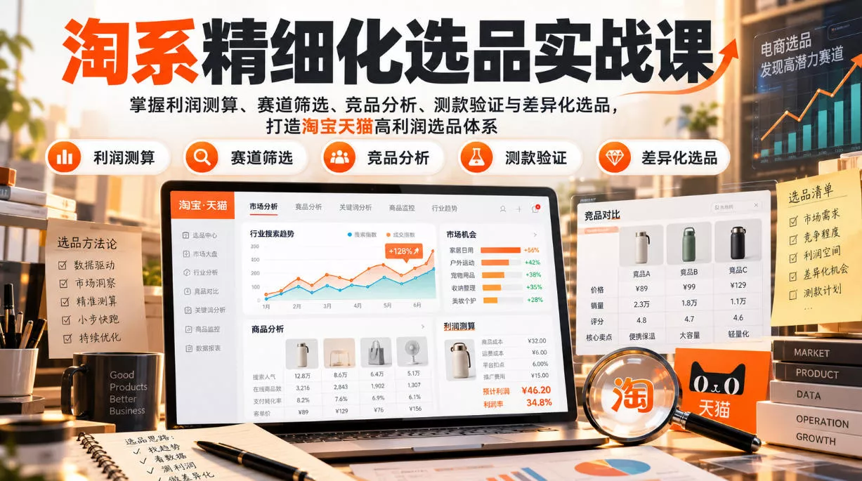 货架电商精细化选品实战课：掌握利润测算、赛道筛选、竞品分析、测款验证与差异化选品，打造淘宝天猫高利润选品体系 - 来及网络