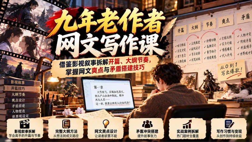 九年老作者网文写作课：借鉴影视叙事拆解开篇、大纲节奏，掌握网文爽点与矛盾搭建技巧 - 来及网络