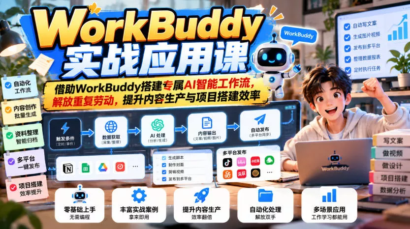 WorkBuddy实战应用课，借助WorkBuddy搭建专属AI智能工作流，解放重复劳动，提升内容生产与项目搭建效率 - 来及网络