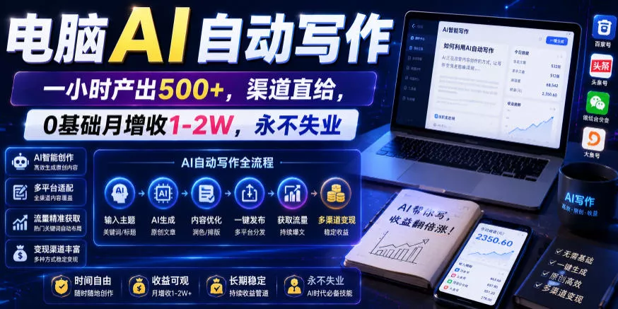 电脑AI自动写作，一小时产出500+，渠道直给，0基础月增收1-2W，永不失业【揭秘】 - 来及网络