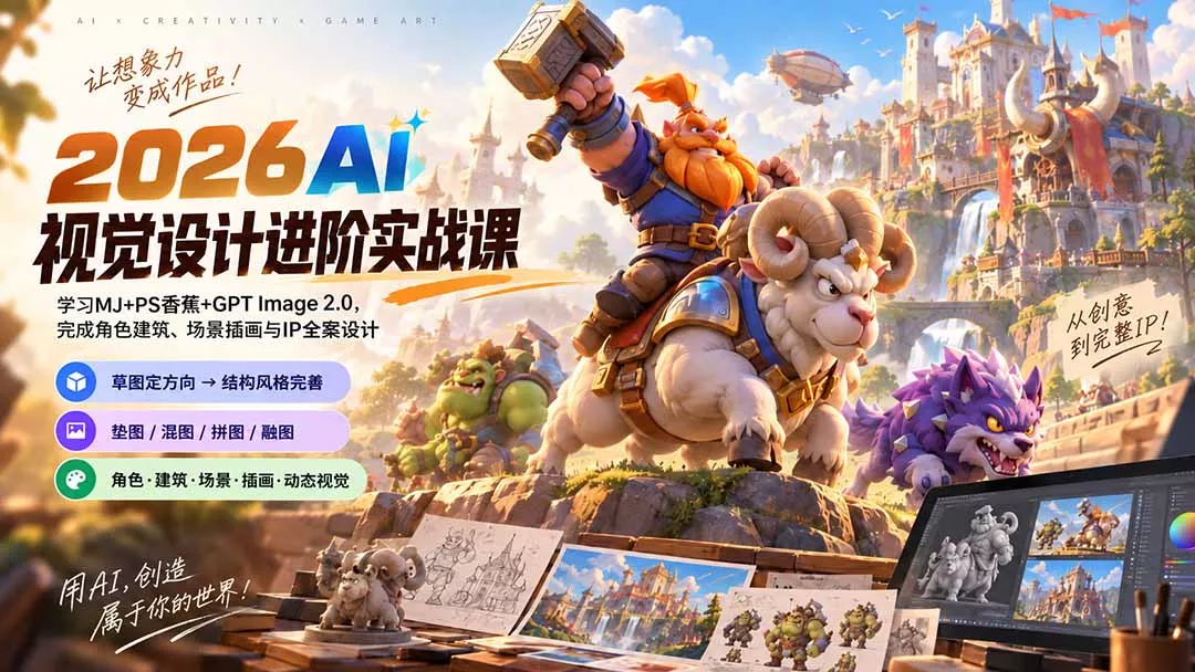 2026AI视觉设计进阶实战课-更新：学习MJ+PS香蕉+GPT Image 2.0，完成角色建筑、场景插画与IP全案设计 - 来及网络
