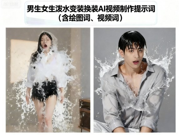 男生女生泼水变装换装AI视频制作提示词(含绘图词、视频词) - 来及网络