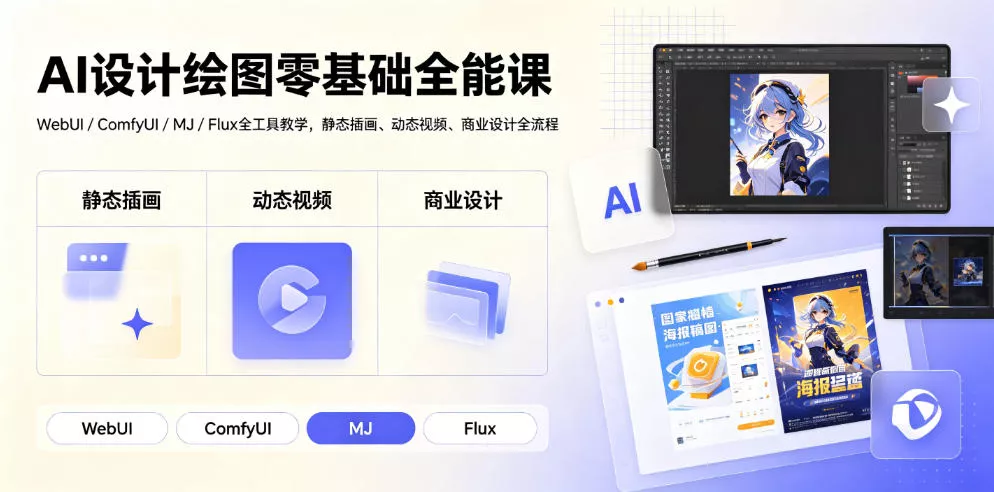 AI设计绘图零基础全能课｜WebUI/ComfyUI/MJ/Flux全工具教学，静态插画、动态视频、商业设计全流程 - 来及网络