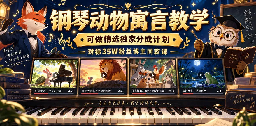 钢琴动物寓言教学，可做精选独家分成计划，对标35W粉丝博主同款课 - 来及网络