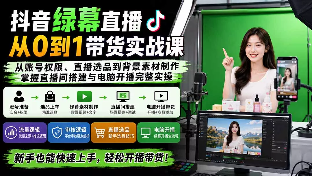 抖音绿幕直播从0到1带货实战课：从账号权限、直播选品到背景素材制作，掌握直播间搭建与电脑开播完整实操 - 来及网络
