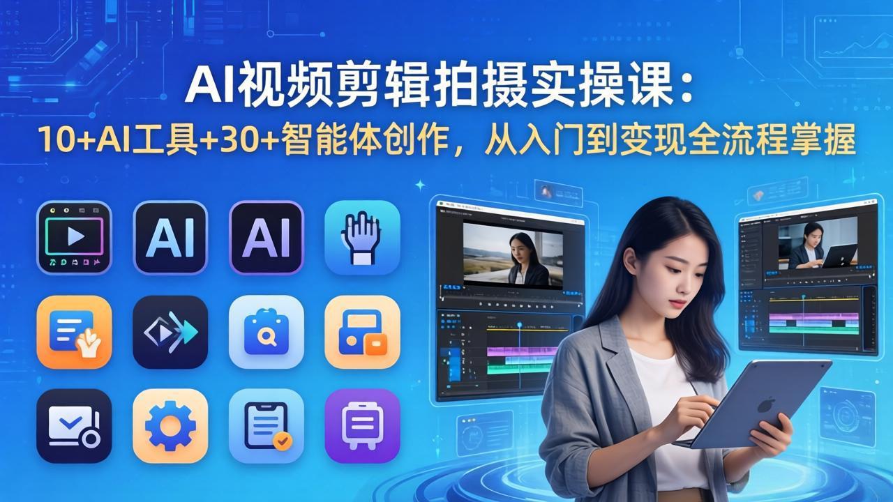 AI 视频剪辑拍摄实操课：10+AI工具+30+智能体创作，从入门到变现全流程掌握 - 来及网络