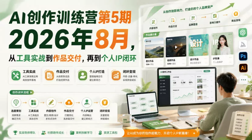 AI创作训练营第5期2026年8月，从工具实战到作品交付，再到个人IP闭环 - 来及网络