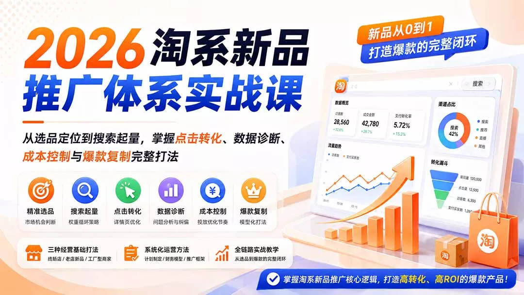 2026淘系新品推广体系实战课：从选品定位到搜索起量，掌握点击转化、数据诊断、成本控制与爆款复制完整打法 - 来及网络