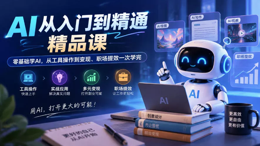 AI从入门到精通精品课，零基础学AI，从工具操作到变现、职场提效一次学完 - 来及网络