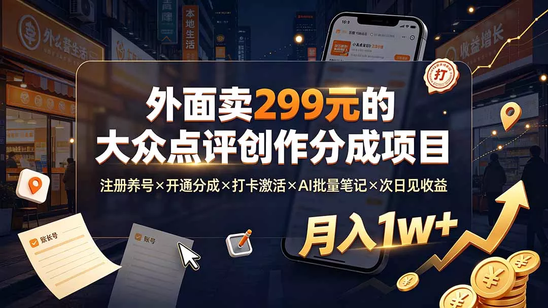 外面卖299元的大众点评创作分成项目：注册养号×开通分成×打卡激活×AI批量笔记×次日见收益，月入1w+ - 来及网络