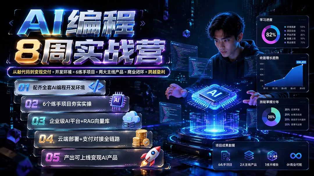 AI编程8周实战营：从敲代码到变现交付×开发环境×6练手项目×两大主线产品×商业闭环×跨越盈利 - 来及网络
