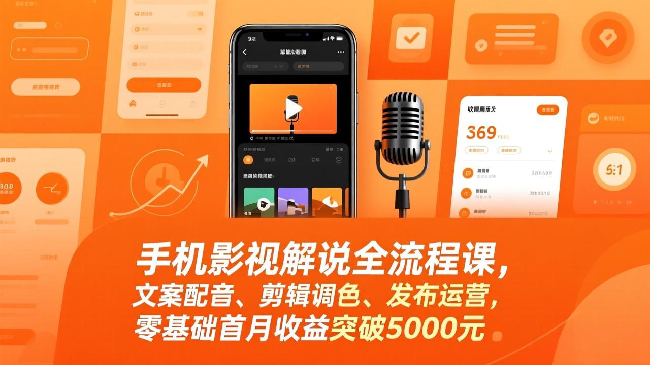 手机影视解说全流程课，文案配音、剪辑调色、发布运营，零基础首月收益突破5000元 - 来及网络