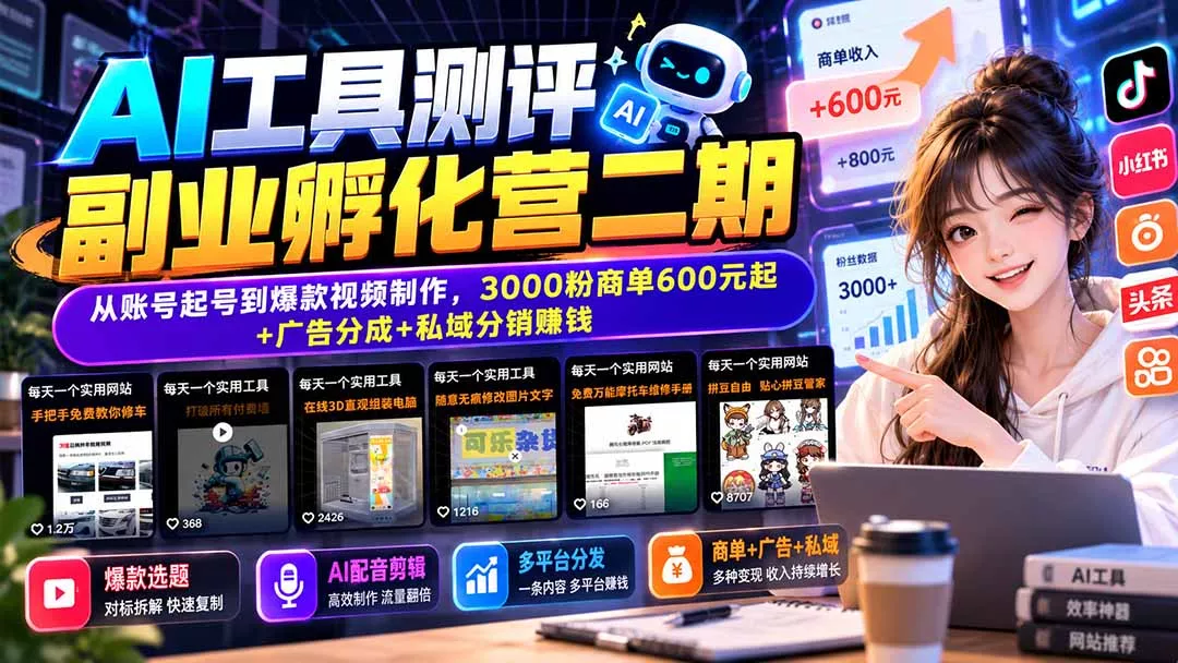 AI工具测评副业孵化营二期：从账号起号到爆款视频制作，3000粉商单600元起+广告分成+私域分销赚钱 - 来及网络
