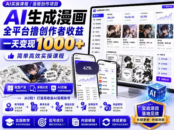 AI生成漫画全平台撸创作者收益内部课程，实操最高单日变现1k+ - 来及网络