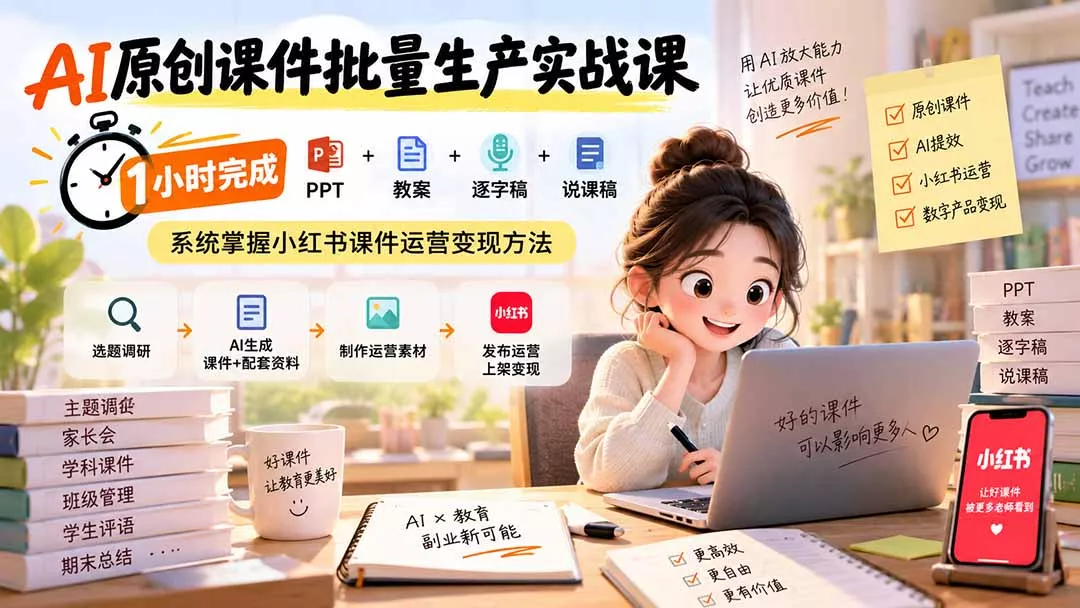 AI原创课件批量生产实战课：1小时完成PPT+教案+逐字稿+说课稿，系统掌握小红书课件运营变现方法 - 来及网络