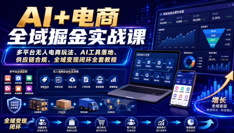 AI+电商全域掘金实战课｜多平台无人电商玩法、AI工具落地、供应链合规、全域变现闭环全套教程 - 来及网络