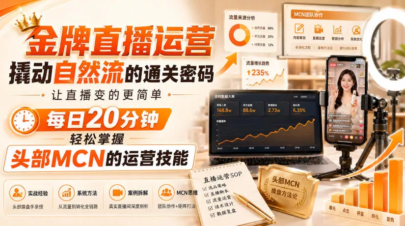 金牌直播运营撬动自然流的通关密码，让直播变的更简单，每日20分钟，轻松掌握头部MCN的运营技能 - 来及网络