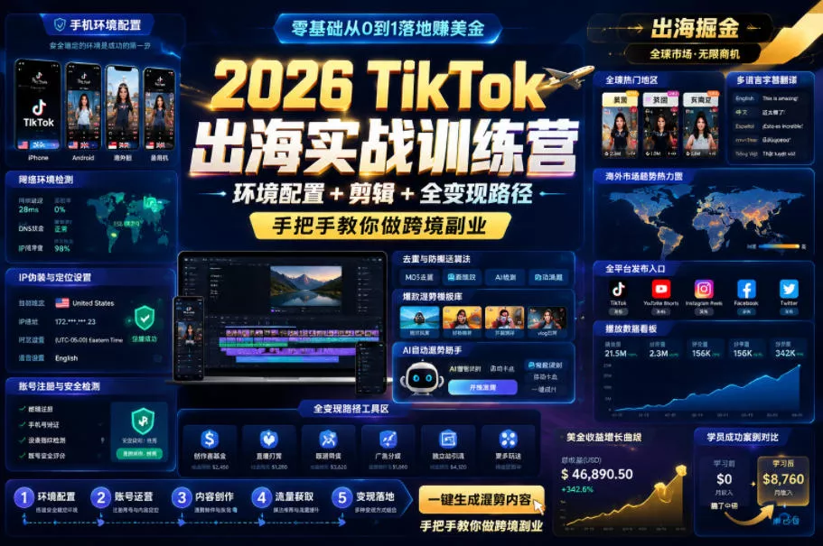 2026 TikTok出海实战训练营，环境配置 + 剪辑 + 全变现路径，手把手教你做跨境副业 - 来及网络